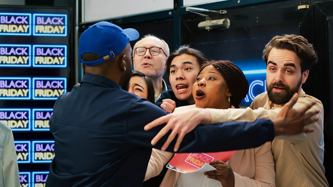 A group of eager shoppers crowding around a store entrance during Black Friday, showing expressions of excitement and urgency, with "Black Friday" signs in the background.