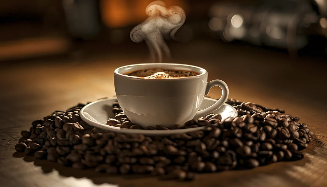 Steaming cup of black coffee in a white mug surrounded by roasted coffee beans on a wooden table, symbolizing the connection between coffee, brain function, and gut health.